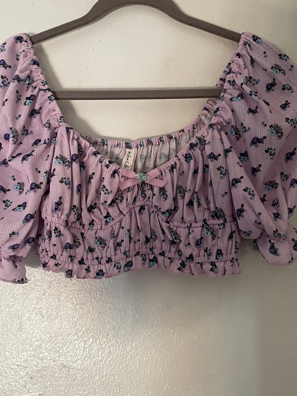 For Love & Lemons Lola Pointelle Crop Top Lilac Floral Puff Sleeve S